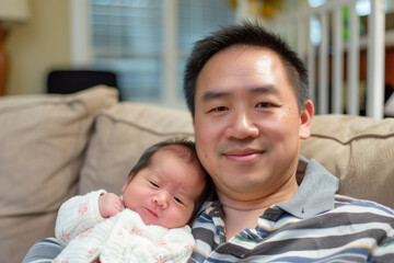 proud asian father with newborn baby at home