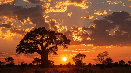 Rolgordijnen A stunning scene of baobab trees silhouetted against an orange sunset sky with clouds © olegganko