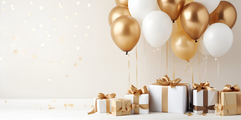 Gold and white balloon on white background with copy space