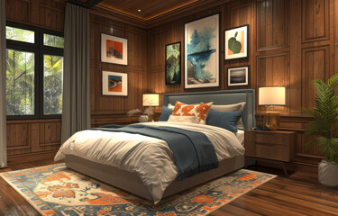 master bedroom moody and dreamy bedroom Showcasing Art on Wood Paneling