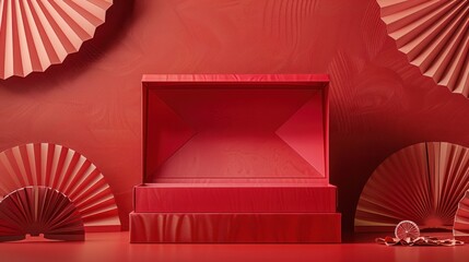 Minimalistic beauty mockup for product presentation featuring a red blank open paper box against