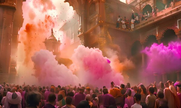 Crowd throwing bright coloured powder paint in the air. Happy holi indian festival celebration 4K Video