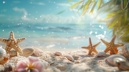 Concept of summer featuring a sandy beach, seashells, and starfish - obrazy, fototapety, plakaty