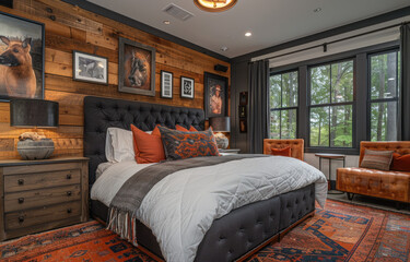 master bedroom moody and dreamy bedroom Showcasing Art on Wood Paneling