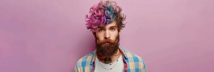Surrealistic Style: Expressive Bearded Man with Colorful Curls. man with a beard, incredible...