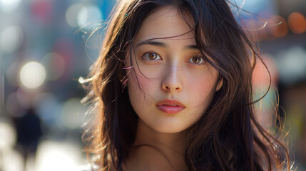 Fototapeta premium Close-up portrait of a young woman with disheveled hair and a blurred city background. 