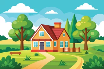Foto auf Acrylglas Grüne Koralle Cartoon village farm house. Rural residential building with green trees and field grass, countryside landscape with cottage. Flat illustration