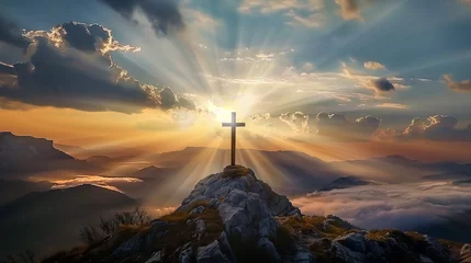 Fotobehang Ochtendgloren Jesus cross on mountain hill christian son of god resurrection easter concept sunrise new day christ holy
