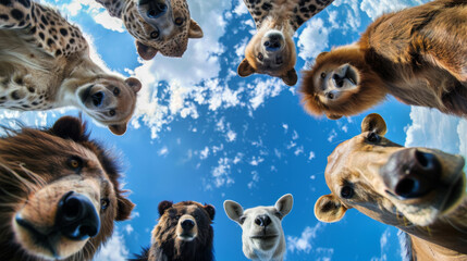Bottom view of wild animals standing in a circle against the sky. An unusual look at animals. Animal looking at camera