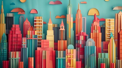 Vibrant Paper Craft Cityscape with Teal Sky Ai generated