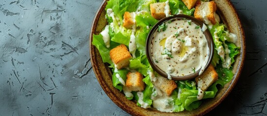 Delicious plate of assorted food with a side bowl of fresh dressing