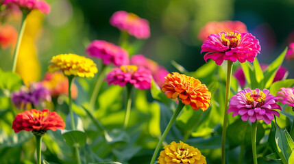 Obraz na płótnie Canvas A picturesque garden bursting with the vibrant colors of zinnias in full bloom, their cheerful faces turning towards the sun.