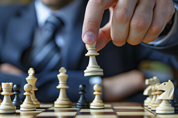 a man in a suit moving pieces on a chessboard, business strategy concept (1)
