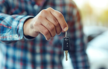 Mechanic car dealer giving car key to customer for finished car service fix problem or auto sell deal