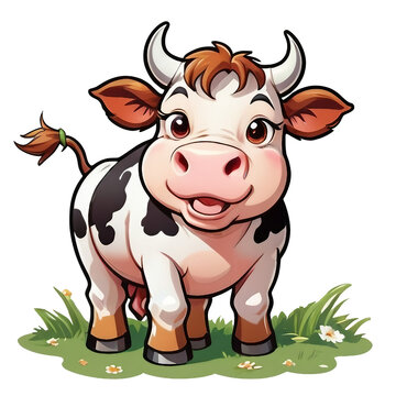 a sticker of a cow standing in the grass, an illustration of, mascot illustration, highly detailed photo of happy, funny illustration