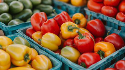 red and yellow peppers in a market