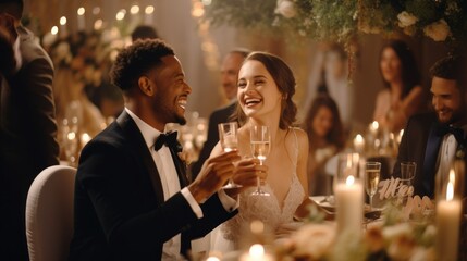 Happy Beautiful Newlyweds, a multiethnic couple, the bride and groom celebrate the wedding, raise a toast with glasses in a circle of best friends, relatives and loved ones.