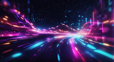 Abstract Speed light trails effect, fast moving neon futuristic technology background