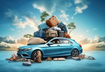 The delightful illustration conveys the spirit of adventure as a vintage car, adorned with luggage, meanders along a picturesque road, embodying the joy of a family road trip.