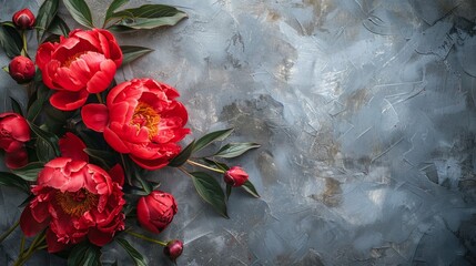 The background is decorated with gray. bright red peony light gray background - obrazy, fototapety, plakaty