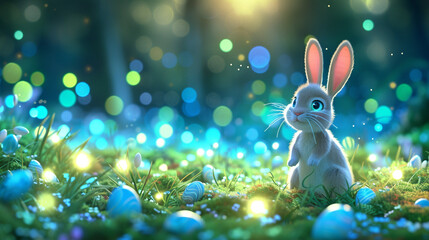 Fototapeta na wymiar A playful Easter bunny surrounded by a field of glowing, luminescent eggs, creating a magical and enchanting scene that evokes the spirit of wonder.