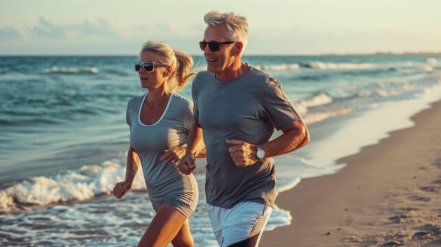 A sense of freedom and vitality emanates from the image as the two men, exuding energy and passion, engage in an invigorating run on the sunlit beach.