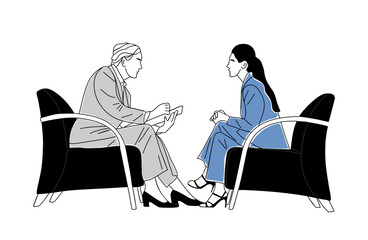 Two business women sitting in armchairs against each other. Business meeting, job interview, consultation, staff education concept. Vector outline drawing isolated on transparent background.