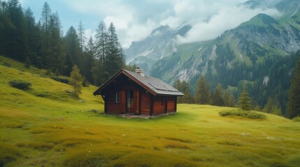 Fototapeta na wymiar old wooden hut cabin in mountain alps at rural fall landscape