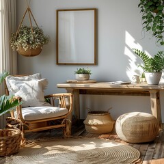 Wooden desk in a room with boho-style white natural colors on the wall, a mockup frame for pictures