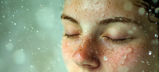 Woman with water droplets on face enjoying hydrating skincare routine. Skin health and care. - obrazy, fototapety, plakaty