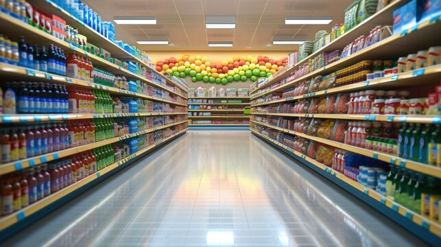 Abstract supermarket aisle with colorful shelves and unrecognizable customers as background