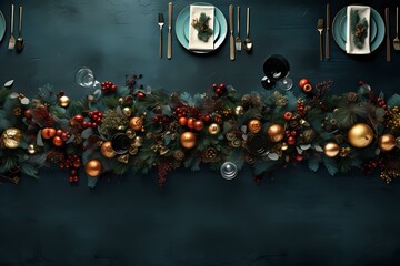 Captivating top view of a festive setting, showcasing meticulous decorations that form a visually stunning background with ample space for text.
