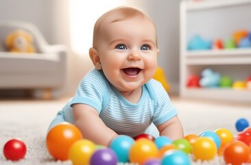 Obraz premium A happy baby laughing while playing with colorful toys 