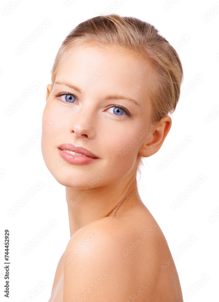 Sticker Portrait, aesthetic and beauty with natural woman in studio isolated on white background for wellness. Face, skincare and cosmetics with confident young model at salon for dermatology treatment