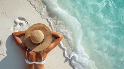Woman in sun hat tanning on a white sand beach, captured from above. Ai Generated.