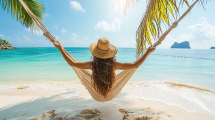 Happy Asian traveler lounges in a beach hammock, pure relaxation. Ai Generated.
