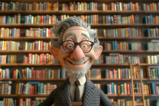 3D render of a cartoon caricature of a cheerful librarian, with a simple background of bookshelves.