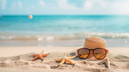 Fototapeta na wymiar sea shells and starfish on sand on the sandy beach. Summer background