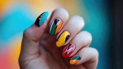Fototapeta premium A woman's hand showcasing a vibrant and colorful nail design. Ai Generated.