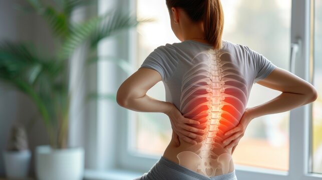 Image portrays a woman with back pain, highlighting discomfort. Ai Generated.