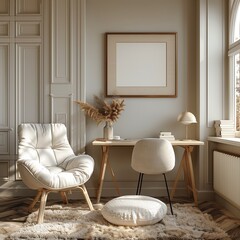 Wooden desk in a room with boho-style white natural colors on the wall, a mockup frame for pictures