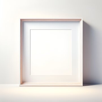 Wooden frame on white wall with blank space at center on bright wall in room with morning light from window