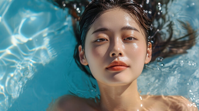 Serene Asian beauty relaxes in a tranquil swimming pool setting. Ai Generated