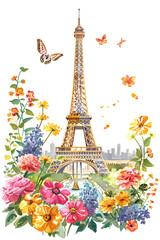 illustration a tower Eiffel with flowers White Background, Eiffel Tower and bouquet of flowers. Welcome to France card concept. Hand drawn watercolor illustration, Generative Ai 