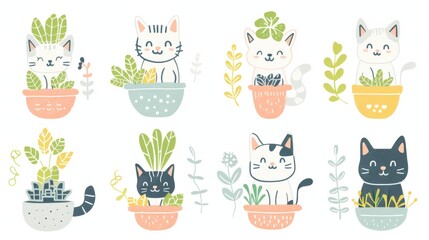 Lovely illustrations of smiling kittens inside flower pots
