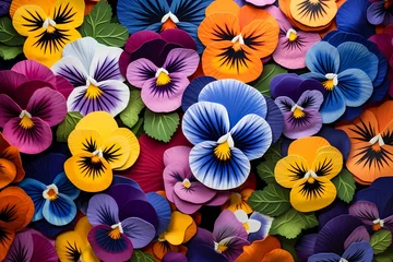 Rolgordijnen Colorful pansies arranged in a geometric pattern, providing an artistic canvas for text. © Nature Lover