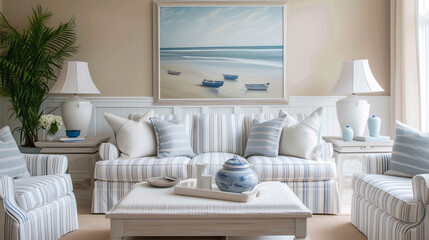 Fototapeta na wymiar A serene and stylish living room adorned with striped white furniture, harmonized with coastal-inspired decor and a large picture frame above the couch, for a touch of timeless elegance.