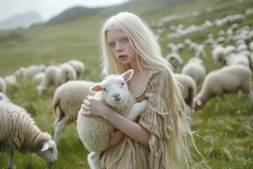 In a tranquil field, a young girl with flowing blonde hair tenderly holds a lamb, symbolizing innocence and purity. Her gaze is contemplative, reflecting a deep bond with nature