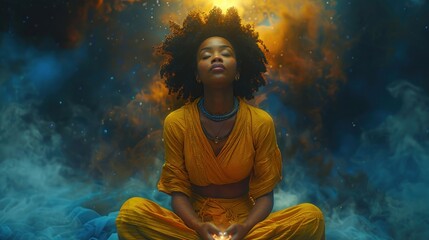 dark-skinned woman meditating - 744453584