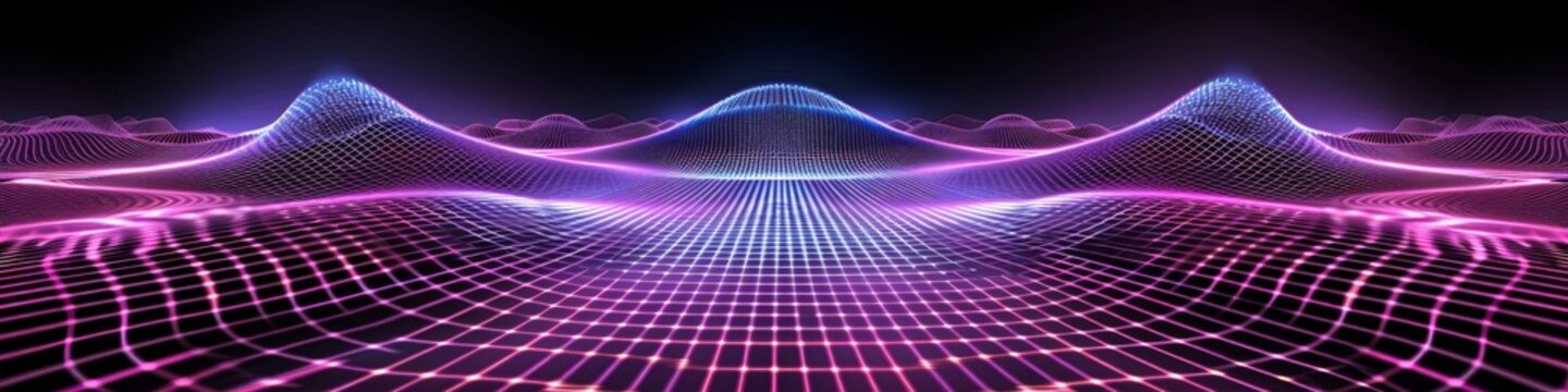 Technological neon light mesh banner with black background for web page design